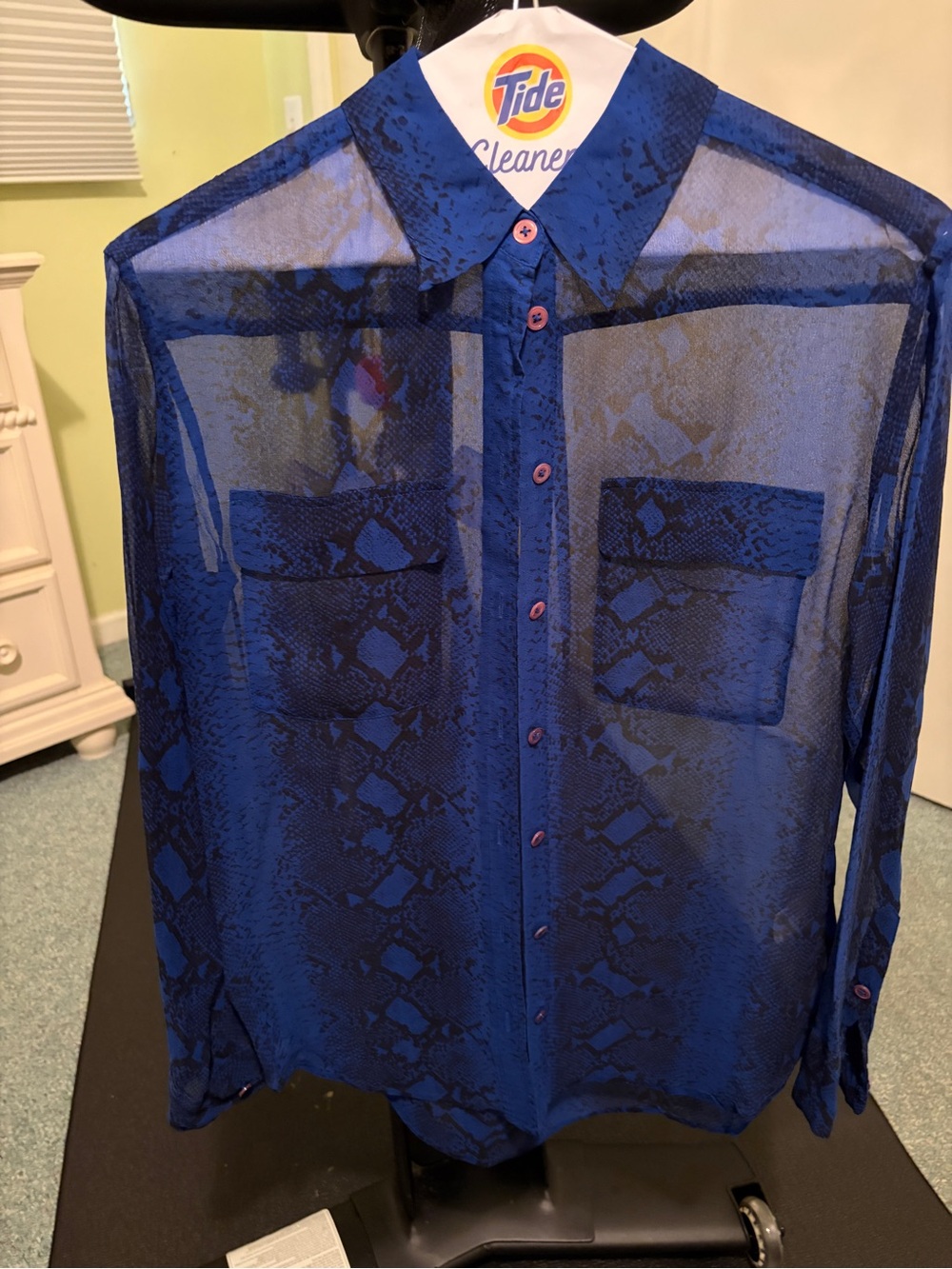 Equipment Blue Sheer Snake-Print Button-Down Blouse Size XS